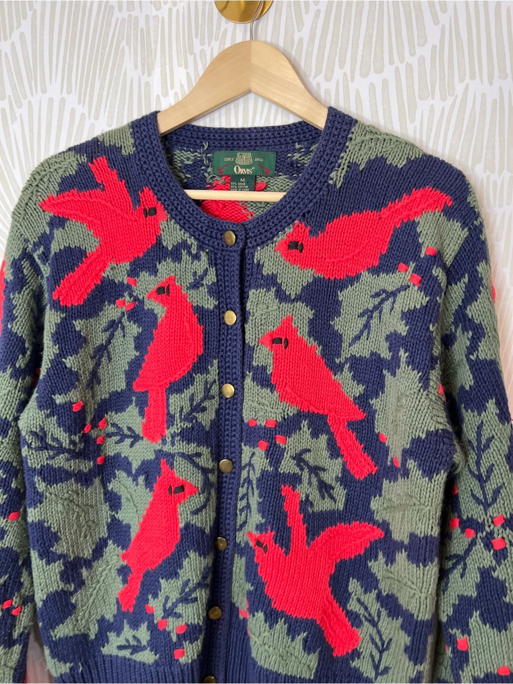 Orvis Cardinal Bird Knit Cardigan Sweater Navy Holly Button Front cotton blend - Picture 6 of 14
